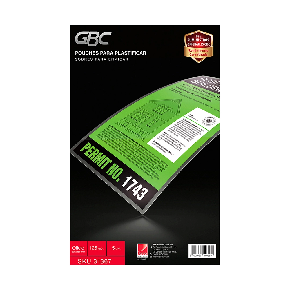 Láminas de Plastificar GBC Oficio 125 Mic – Pack 5 Unidades