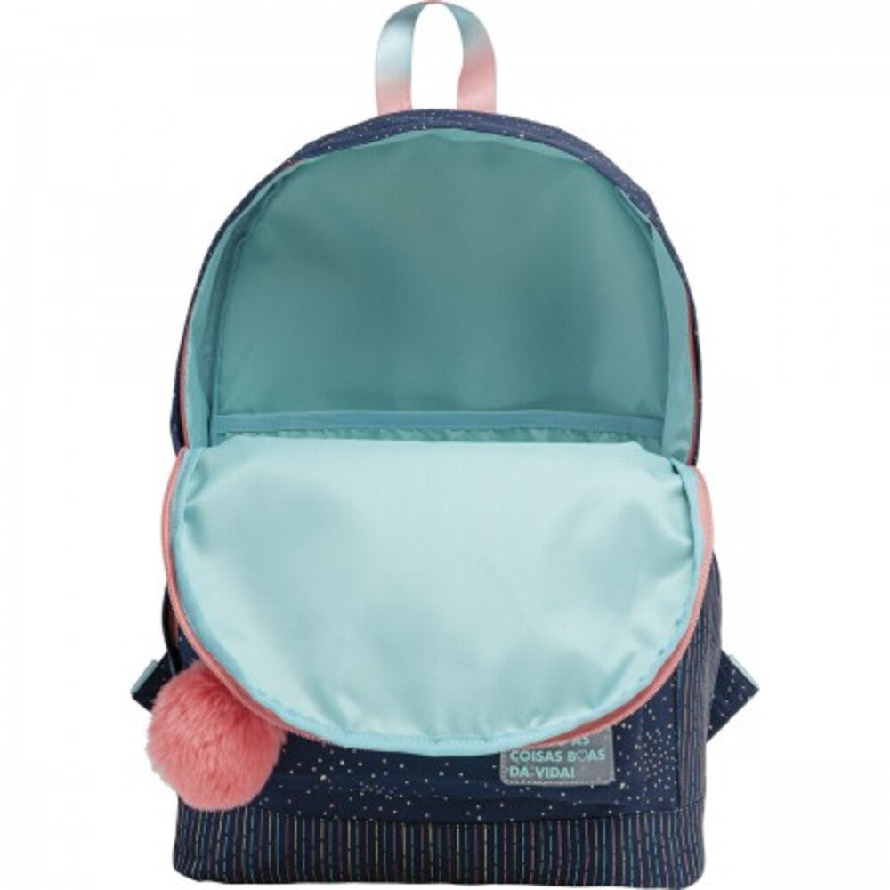 Mochila Escolar Académie Dots Azul con Pompón – 290x430x120mm