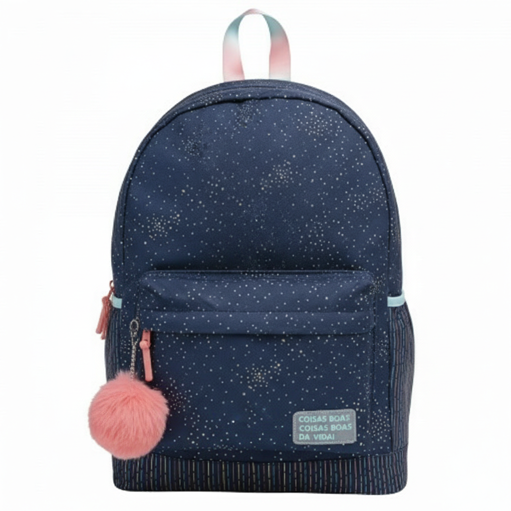 Mochila Escolar Académie Dots Azul con Pompón – 290x430x120mm