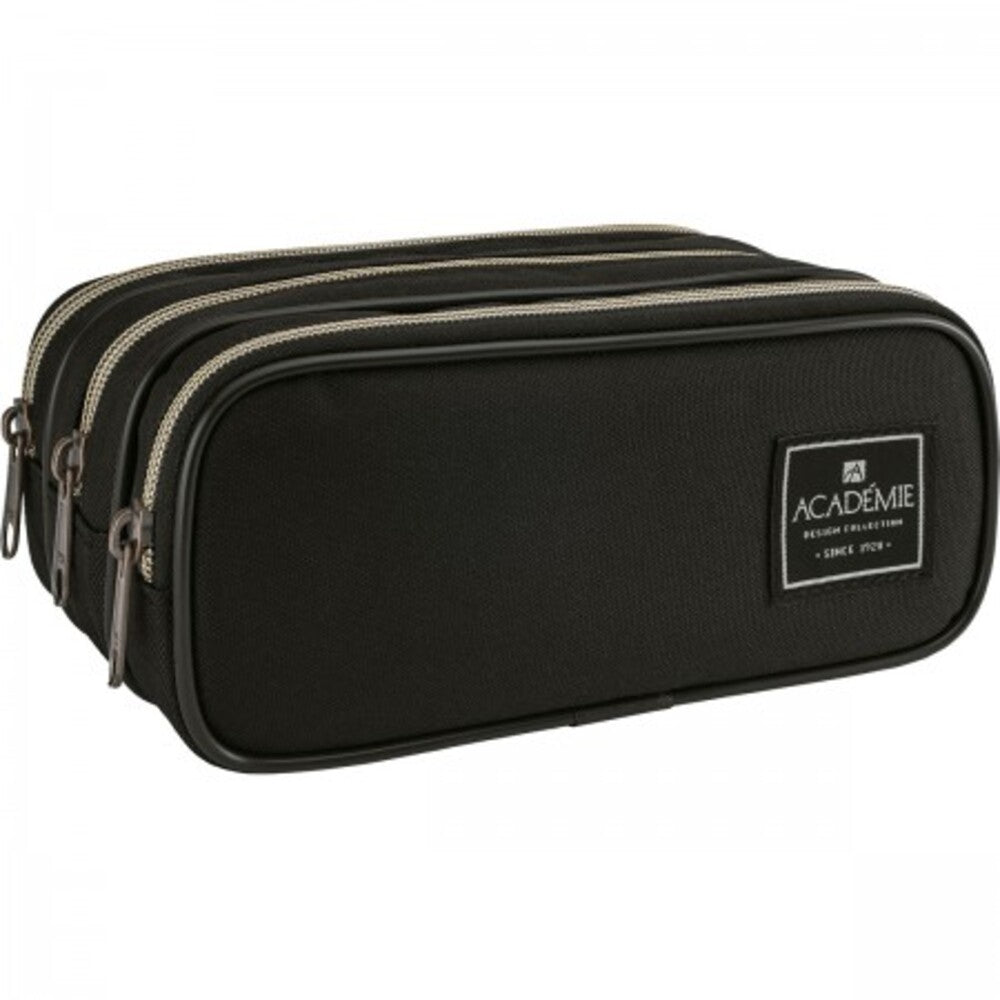 Estuche Triple Académie Negro con 3 Compartimentos – 210x110x90mm